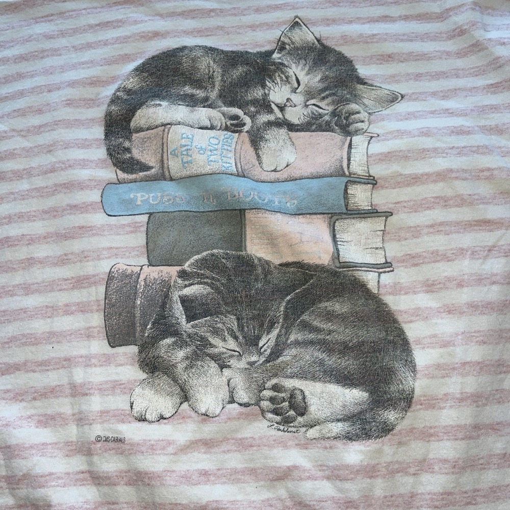 99s USA Vtg Sleeping Cats Print T-shirt One Size S Retro Granola Cat Women's - Picture 3 of 8
